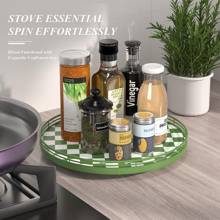 Premium Rubber Wood Lazy Susan Turntable, Green White Checkerboard Decorative Serving Tray, Hand-Welded Metal Railing, Stable Rotating Organizer for Dining Table, Kitchen Counter, Coffee Table Decor