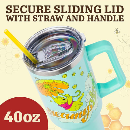 Silver Buffalo Disney Winnie the Pooh "Dreamy Days" Retro Art Stainless Steel Cup with Handle and Straw, Fits Standard Cup Holder, 1.2 l