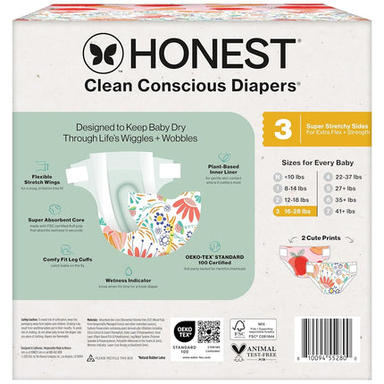 The Honest Company Clean Conscious Diapers for Delicate Skin | Up to 100% Leakproof | Hypoallergenic, Fragrance Free | Girl Prints | Club Box, Size 3 (16-28 lbs), 62 Count (Prints May Vary)