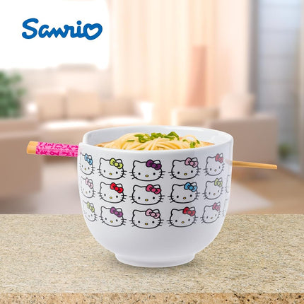Silver Buffalo Hello Kitty Faces and Bows Ceramic Ramen Bowl with Chopsticks, 20 Ounces