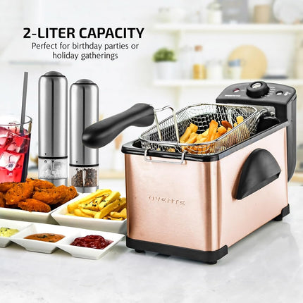 Friteuse Électrique OVENTE 2 Litres, 1500W, Couvercle avec Fenêtre de Visualisation et Filtre Anti-Odeur, Température Réglable, Panier de Friteuse Amovible et Corps en Acier Inoxydable Facile à Nettoyer, Cuivre FDM2201CO