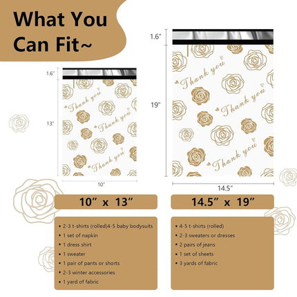 Thank You Poly Mailers 14.5x19 Inch 50 Pcs - Gold Rose Printed Shipping Bags for Clothing - Waterproof and Tear Resistant Mailing Envelopes - Self-Sealing Packaging Bags for Small Business