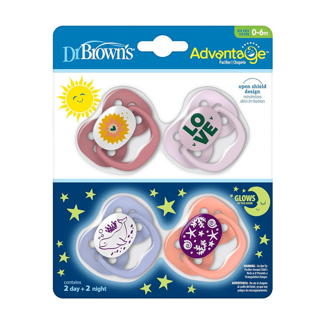 Dr. Brown's Advantage Glow-in-The-Dark Baby Pacifier, Fully Symmetrical Soother with Soft Silicone Bulb, Lavender Love-Coral Ocean, 0-6m, BPA Free, 4 Pack