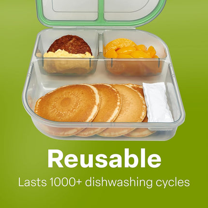 MyGo Container Large To-Go 3-Compartment Food Container, 9-3/8" X 9-3/8" X 2-1/2", Reusable, Microwave Safe, NSF Certified, Smoke/Green