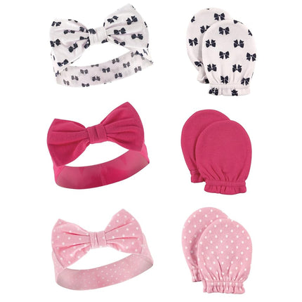 Hudson Baby Coffret Bandeau et Moufles Anti-rayures en Coton pour Bébé Fille, Nœuds, 0-6 Mois