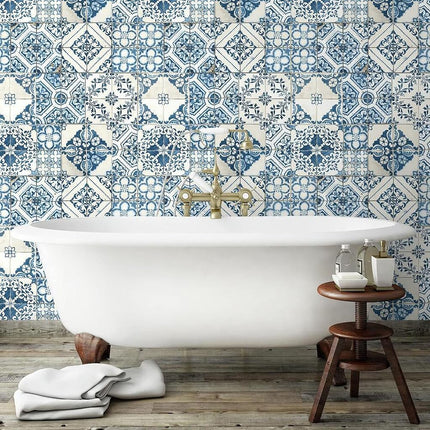 RoomMates RMK11083WP Blue Mediterranian Tile Peel and Stick Wallpaper