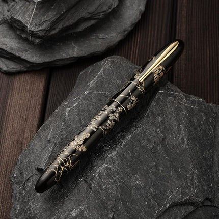 HONG DIAN N23 Black Rabbit Fountain Pen, Long Blade Medium Nib Gold Trim, New Year Lucky Rabbit Carving Design, Smooth Writing Pen with Converter and Metal Pen Box Set