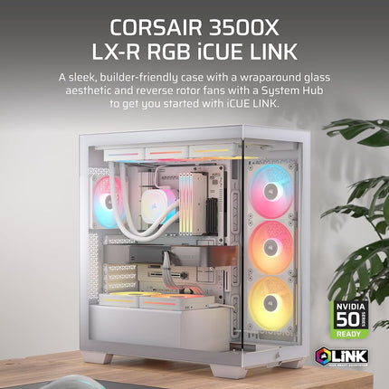 CORSAIR 3500X LX-R RGB iCUE LINK Panoramic Mid-Tower PC Case – 3x Pre-Installed LX120-R RGB Fans, Includes iCUE LINK System Hub, GPU Anti-Sag Arm, Fits up to 10x 120mm Fans – White