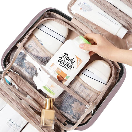 NISHEL Travel Toiletry Bag for Women, Portable Hanging Organizer for Family-Sized Shampoo, Conditioner, Brushes Set, Makeup Accessories, Extra Large Size, Peach Pink