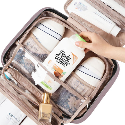 NISHEL Travel Toiletry Bag for Women, Portable Hanging Organizer for Family-Sized Shampoo, Conditioner, Brushes Set, Makeup Accessories, Extra Large Size, Peach Pink