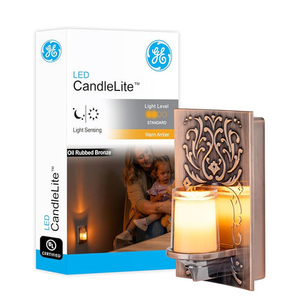 GE LED CandleLite Night Light, Plug-in, Dusk-to-Dawn Sensor, Auto On/Off, Flickers Like a Real Candle, Warm Amber Light, Energy Efficient, Guide Light, Decorative, Oil-Rubbed Bronze Finish, 11258