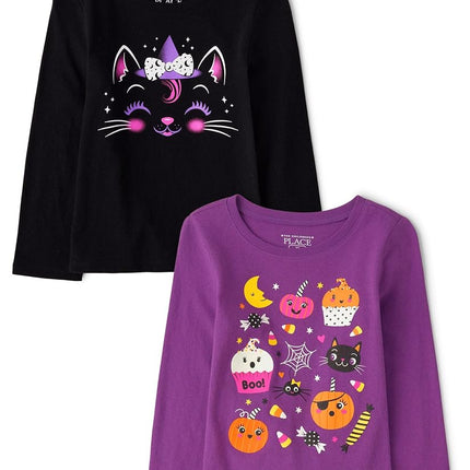 The Children's Place Baby Girls' and Toddler All Holidays Long Sleeve Graphic T-Shirts,multipacks, Halloween Doodle Print/Black 2-Pack, 2T