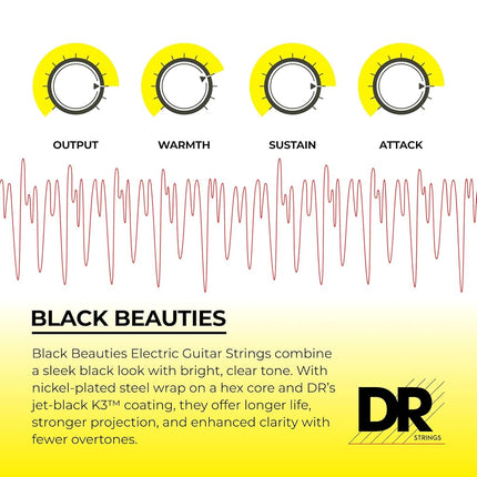 DR Strings BLACK BEAUTIES™ - BLACK Coloured Electric Guitar Strings: 7-String Heavy 11-60