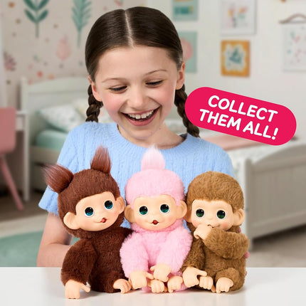 Little Live Pets Baby Monkey Minis – Luna Lemon. Interactive Pet Toy. 20+ Sounds & Reactions. Soft Pink Fur. 7.4" Tall. Feed, Nurture. React. Grippy Hands & Feet. Collect All 3