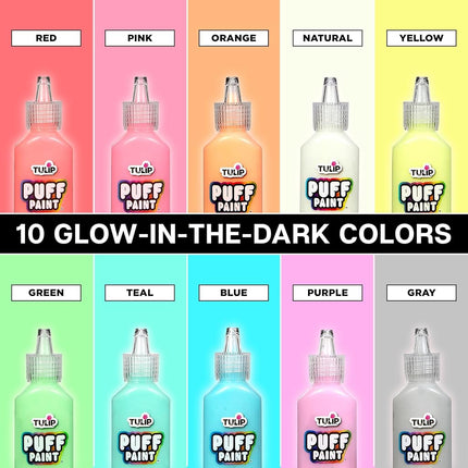 Tulip Puff Paint Glow in the Dark Colors 10-pack, Multi-Surface, Premium Quality, Nontoxic & Waterproof Craft Paint, Permanent on Fabric, 10-pack