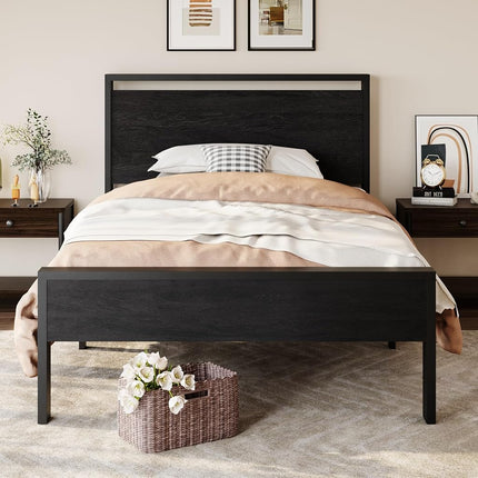 SHA CERLIN 14 Inch Twin Size Metal Platform Bed Frame with Wooden Headboard and Footboard, Mattress Foundation, No Box Spring Needed, Large Under Bed Storage, Heavy Duty Slats Support, Black Oak