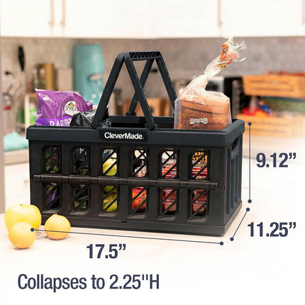 Panier de courses pliable CleverMade, Obsidienne, lot de 3 - 24 L (6 gal) Paniers de courses en plastique réutilisables, supporte 11,3 kg par panier - Petites caisses de rangement pliables avec poignées