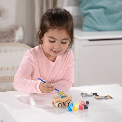 Melissa & Doug ¡Creado por mí! Kit de manualidades de madera para pintar y decorar tus propios vehículos para niños, paquete de 2: Camión monstruo, Tren