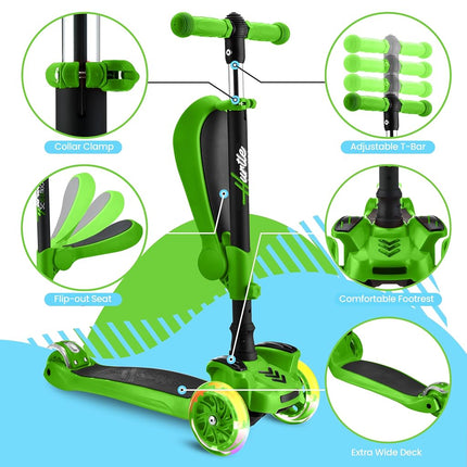 Hurtle 3-Wheeled Scooter for Kids - Wheel LED Lights, Adjustable Lean-to-Steer Handlebar, and Foldable Seat - Sit or Stand Ride with Brake for Boys and Girls Ages 1-14 Years Old