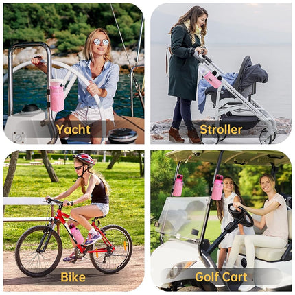 GEARV 2Pack Cup Holder for Bike, Scooter and Wheelchair, Water Bottle Holder for UTV/ATV, Walker, Golf Cart and Beach, Universal Drink Holder Accessories with Net Pocket and Cord Lock (Pink)