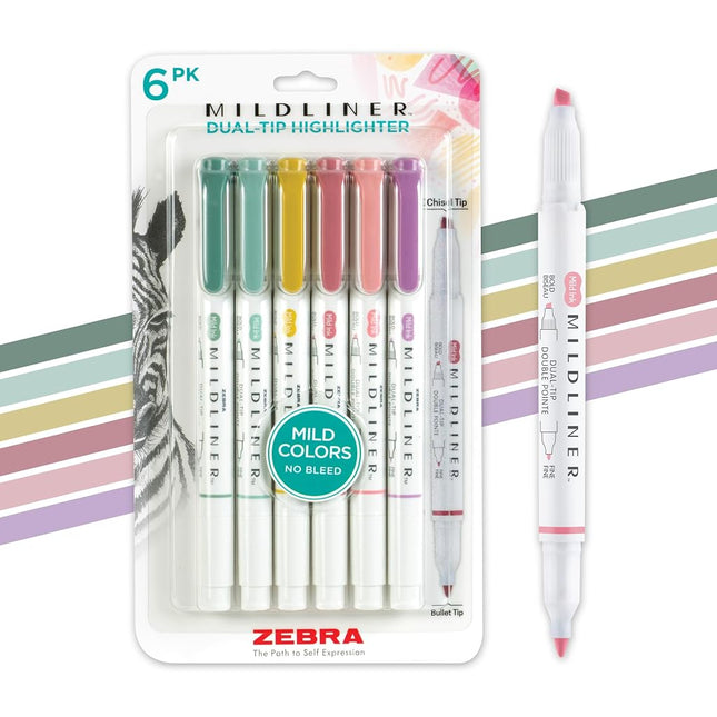 Zebra Pen Mildliner Dual Tip Color Highlighter Marker Set, Chisel Tip, Ideal for Bible Highlighting, No Bleed, Assorted Mild Colors, 6-Pack (73315)