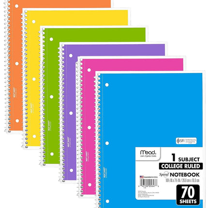 Mead Spiral Notebooks, 6 Pack, 1-Subject, College Ruled Paper, 10-1/2" x 8”, 70 Sheets per Notebook, Assorted Colors (73065)…