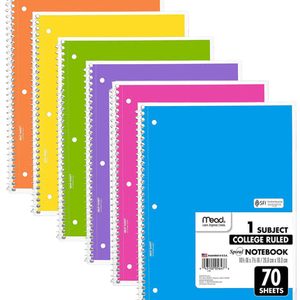 Mead Spiral Notebooks, 6 Pack, 1-Subject, College 