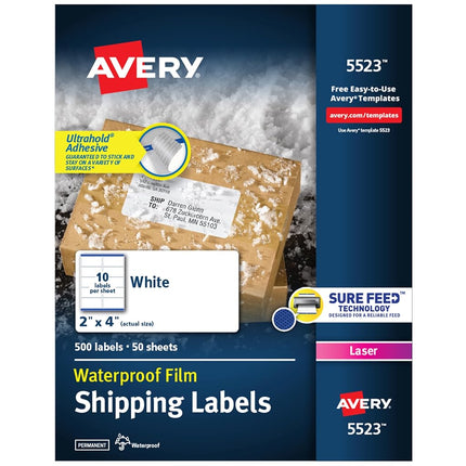 Avery Waterproof Shipping Labels with Sure Feed & TrueBlock, 2" x 4", 500 White Labels (5523)