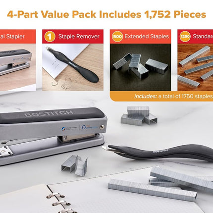 Bostitch Titan Heavy Duty Metal Stapler, 50 Sheet Capacity with 1250 Standard Staples and 500 Extended Staples, Ergonomic Staple Remover, Jam Free Stapling, Full Strip Stapler, Silver