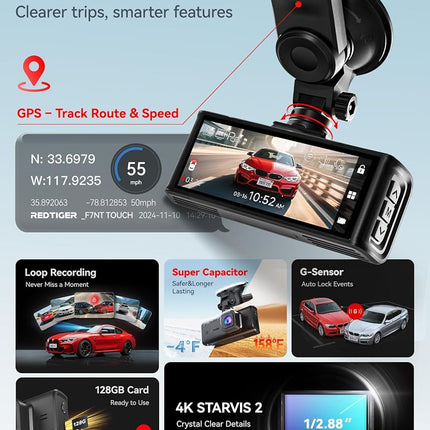 REDTIGER 4K STARVIS 2 Dashcam Front Rear, 5GHz WiFi 20MB/s, Free 128GB Card