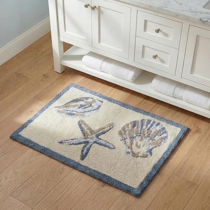 Madison Park Bayside 100% Cotton Tufted Non-Slip Absorbent Ultra Soft Seashells Beach Style Bath Mat Bathroom Rugs, 21X34 Inches Blue