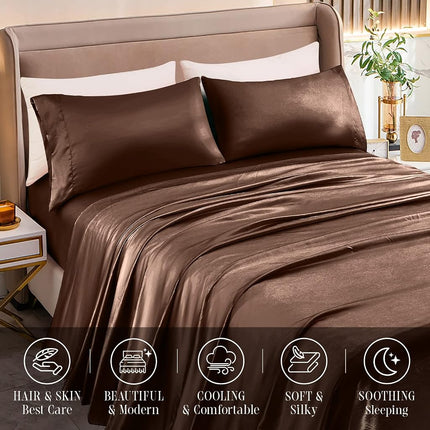 Elegant Comfort Luxurious 4-Piece Silky Satin Sheet Set, Skin and Hair Friendly, Wrinkle, Fade, Stain Resistant with Deep Pockets Fitted Sheet, Cooling Soft Satin Sheets, Queen, Chocolate Brown