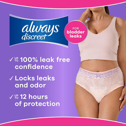 Always Discreet Adult Incontinence Underwear for Women and Postpartum Underwear, up to 100% Bladder Leak Protection, Large, 76 Count