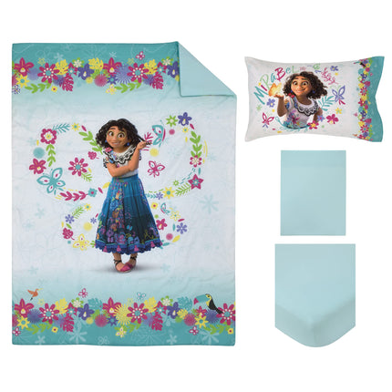 Juego de ropa de cama para niño pequeño de 4 piezas Disney Encanto Tropical Delight con flores y mariposas rosas y aguamarinas - Edredón, sábana bajera, sábana encimera y funda de almohada reversible
