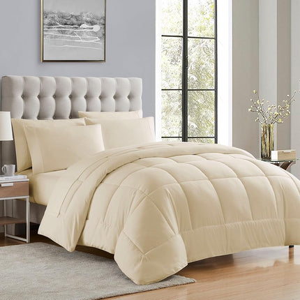Sweet Home Collection Juego de Edredón de 7 Piezas, Color Sólido, Para Todas las Estaciones, Manta Suave Alternativa de Plumón y Sábanas de Microfibra de Lujo, Beige, Queen