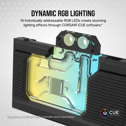Bloque de refrigeración por agua Corsair Hydro X Series XG7 RGB 4080 Founders Edition GPU – Para NVIDIA® GeForce RTX™ 4080 FE – Cobre niquelado CNC – 50 aletas de refrigeración – Incluye placa trasera y cable adaptador ARGB – Negro