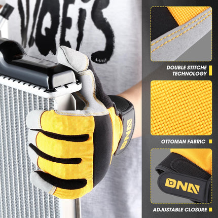 DNA MOTORING 2 pares de guantes de trabajo multiusos para mecánicos, flexibles, transpirables, con pantalla táctil, rendimiento acolchado en los nudillos y la palma, amarillo/gris, TOOLS-00583
