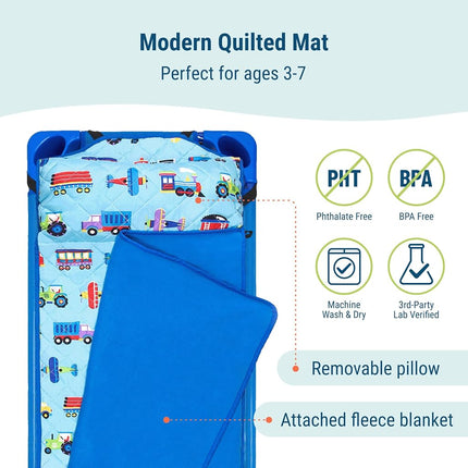 Tapis de sieste matelassé Wildkin pour enfants – Microfibre douce et sangles élastiques – Idéal pour l'école, les soirées pyjama et les voyages – Trains, avions et camions