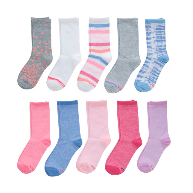 Paquete de calcetines Hanes Girls' Ultimate Fashion Crew, calcetines ligeros elásticos, paquete surtido de 10 pares, talla pequeña, rosa/gris/azul/lavanda, talla mediana