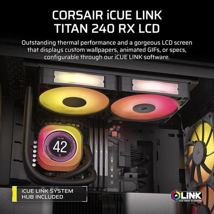 Corsair iCUE LINK TITAN 240 RX LCD Liquid CPU Cooler – 240mm AIO – Low-Noise – FlowDrive Cooling Engine – Intel LGA 1851/1700, AMD AM5/AM4 – 2x RX120 RGB Fans – iCUE LINK System Hub Included – Black