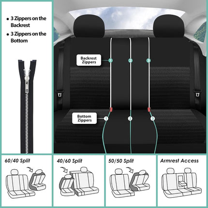 FH GROUP FH-FB060217 Fundas de Asiento de Coche de Tres Filas Trendy Elegance con 7 Reposacabezas, Compatibles con Airbag y Asiento Trasero Dividido, Color Negro Sólido - Se Adapta a la Mayoría de Coches, Camionetas, SUV o Furgonetas