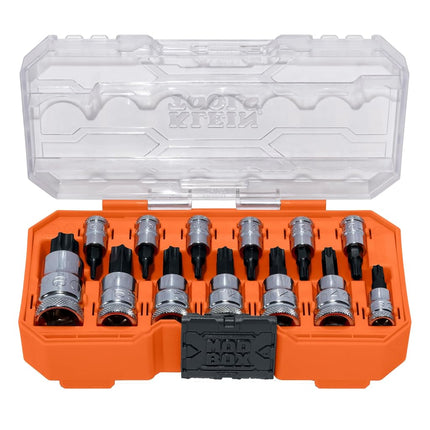 Klein Tools 65213TX Knurled TORX Bit Socket Set, T8 toT60, 1/4, 3/8 and 1/2-Inch Drives, Premium Cr-V Steel, MODBox Case, 13-Piece