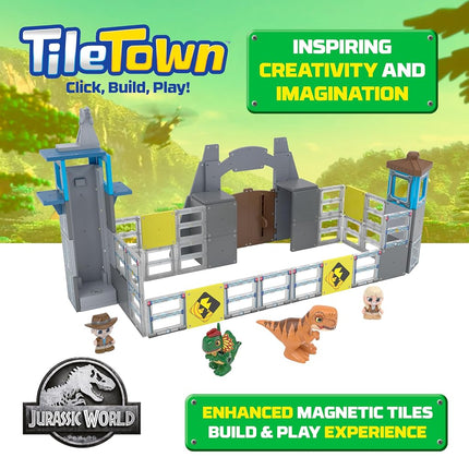 Tile Town Jurassic World Gate Escape Magnetic Tiles Construction Building Set and Figures, Kids 3-5+, New ACTION TILES for Action Play, Realistic Builds, STEM Creative Toy