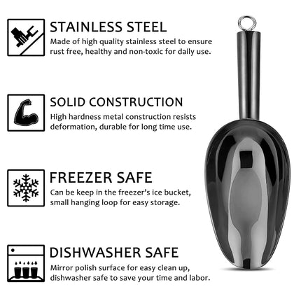 6 Ounce Ice Scoop Set of 2, E-far Platinum Black Stainless Steel Small Scoops for Ice Cube/Candy/Flour/Sugar, Metal Utility Scoops for Canisters, Baking, Kitchen Pantry, Rust Free
