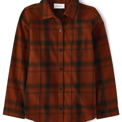 The Children's Place Girls' Long Sleeve Plaid Twill Tie Front Button Down Shirt, Hot Spice, X-Small