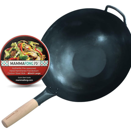 Mammafong Grand Wok Traditionnel à Fond Plat en Acier Carbone de 40 cm - Woks et Poêles à Frire Authentiques Martelées à la Main - Wok Pow sans Revêtement Chimique