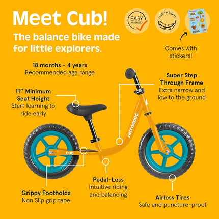Retrospec Cub 2 Toddler 12" Balance Bike, 18 Months - 3 Years Old, No Pedal Beginner Kids Bicycle for Girls & Boys, Flat-Free Tires, Adjustable Seat, & Durable Frame