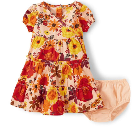 Gymboree Baby Girls' Short Sleeve Dressy Special Occasion Dresses with Diaper Cover, Harvest Flowers, 6-9 Months
