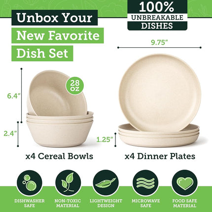 Grow Forward Premium Wheat Straw Dinnerware Sets - 8 Piece Unbreakable Microwave Safe Dishes - Reusable Wheat Straw Plates and Bowls Sets - Wheat Straw Bowls for Cereal, Soup, Camping, RV - Sahara