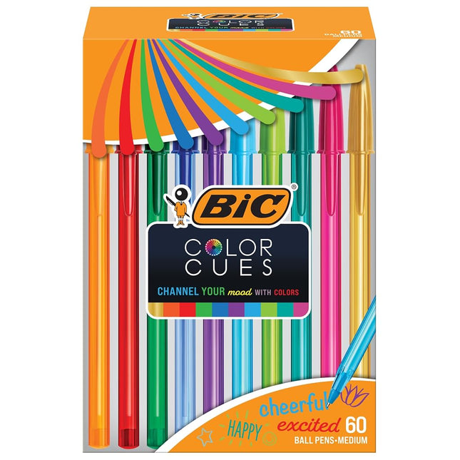 Bic Color Cues Pen Set (WMSUA60-AST), 60-Count Pack, Assorted Colors, Fun Color Pens for School Supplies, Includes Cristal Xtra Smooth Ballpoint Pens